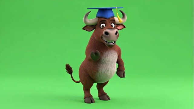 Cartoon Buffalo Graduation - A cartoon buffalo wearing a graduation cap stands against a green screen background. The animated character is smiling and waving.