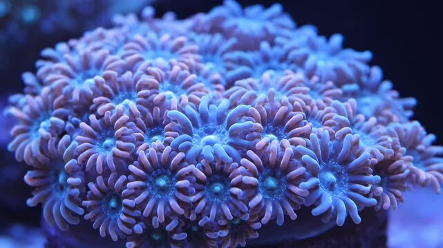 Extreme close-up of intricate coral polyp textures slowly pulsing with ambient light growth, soft focus, tranquil