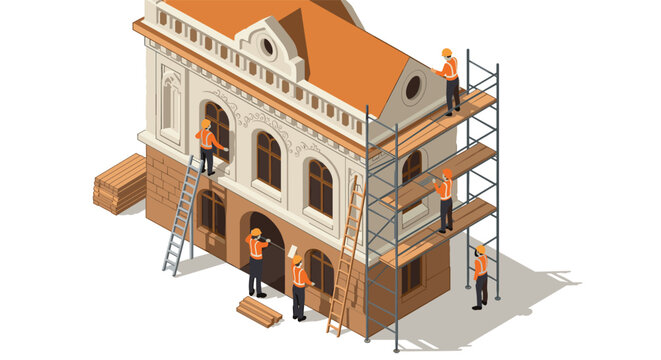Workers restoring historic building with scaffolding in isometric style