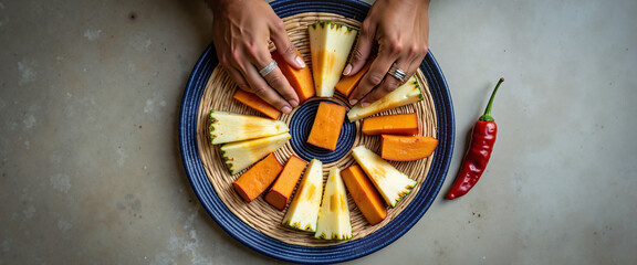 Hands arranging fruits and vegetables on a woven plate with chili  