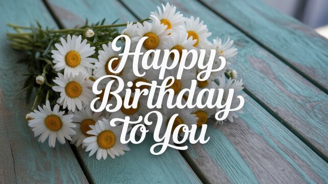 Beautiful happy birthday to you message surrounded by fresh daisies on a rustic wood surface - Powered by Adobe