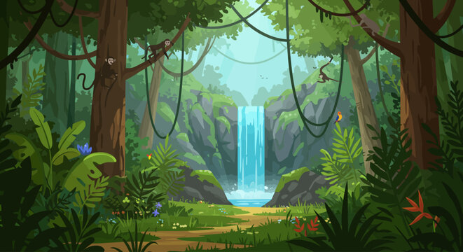 Immersive lush tropical jungle scene with a serene waterfall cascading into a clear pool, surrounded by dense foliage and vines, with playful monkeys, illustrating a vibrant rainforest environment.