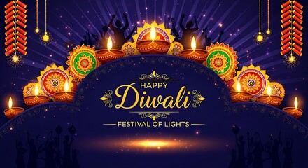 A festive diwali banner with diyas crackers and dancing silhouettes on a dark blue background