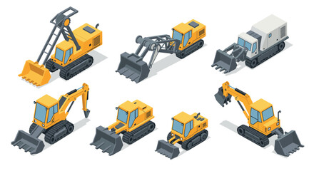 Fototapeta premium Isometric construction equipment: set of yellow excavators and loaders