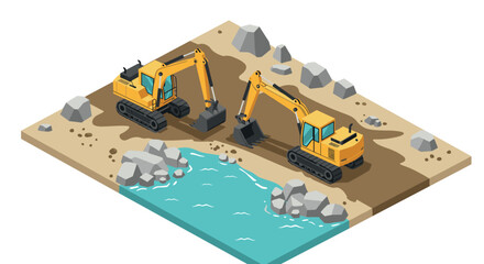 Fototapeta premium Isometric construction site scene with excavators by water
