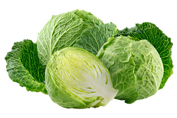 Fototapeta premium Three green cabbages, one whole and two cut in half with the center visible on a transparent background