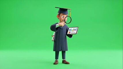 Cartoon Data Analyst Graduation on Green Screen - A cartoon data analyst wearing a graduation cap and gown examines data on a tablet. The background is a green screen for easy compositing. - Powered by Adobe