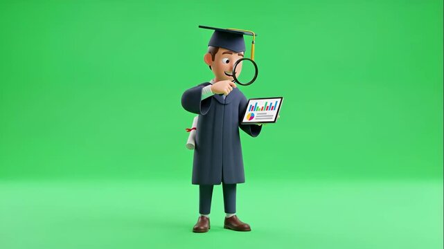 Cartoon Data Analyst Graduation on Green Screen - A cartoon data analyst wearing a graduation cap and gown examines data on a tablet. The background is a green screen for easy compositing. - Powered by Adobe