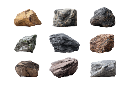 Nine diverse rocks, various shapes and colors