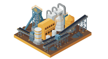 Isometric industrial factory model with conveyor system and storage silos