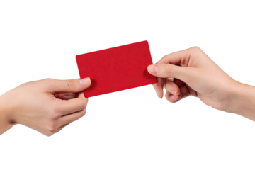 Two hands exchange a red rectangular card (1)