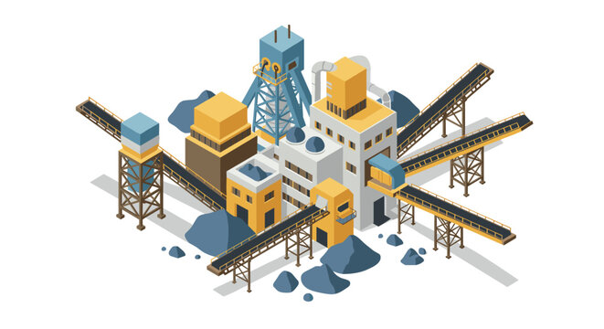 Modern isometric industrial mining facility with conveyor belts and structures