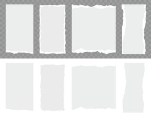 Torn paper strips set. Torn sheets of paper. Ripped paper strips. Vector illustration. Set of white torn or ripped paper sheet. Scrapbook edge, notebook tear or blank page split vector illustration.