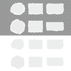 Collection of torn, ripped pieces of white color paper. Ripped paper strips. Realistic paper scraps with torn edges. Torn sheets of paper. Sticky notes, shreds of notebook pages. Vector illustration.