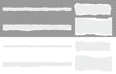 Abstract realistic ornament or decoration clip art for social media banner background. Torn sheets of paper. Torn notebook page or scrap note with damaged border. White ripped paper strips collection.