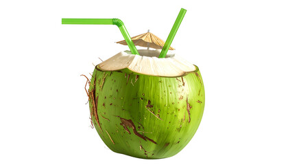 A green, fresh coconut drink with two straws and a small umbrella against a black background