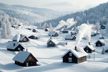 Winter wonderland a charming christmas scene in a snowy village with emitting chimneys