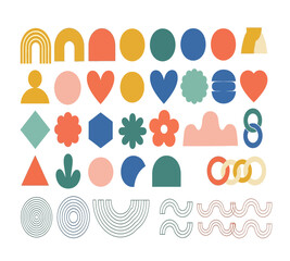 Vector art of collection of assorted geometric shapes and abstract forms in muted colors, creating a balanced and aesthetically pleasing composition for design projects