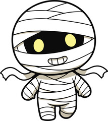 Small happy cartoon mummy wrapped in bandages, chibi kawaii halloween mascot vector illustration