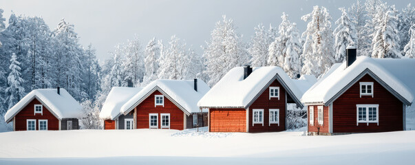 Cozy winter christmas scene with snow-covered chimneys in a row of holiday cottages