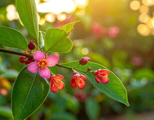 Close-up of delicate pink and red flowers, buds, and green leaves illuminated by warm sunlight in a garden setting