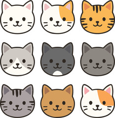 Fototapeta premium Nine cat faces with different fur colors and patterns, cute kawaii icon set vector illustration