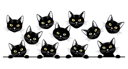 Fototapeta premium A group of cute black cats with bright yellow eyes are peering over a horizontal ledge in a.
