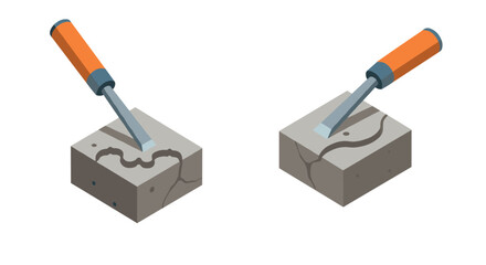Isometric chisel and stone blocks depicting craftsmanship and precision