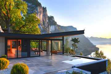 Ultra modern private house in modernistic style with glass large patio. Located under mountain cliff on lakeside at sunset. High snow-covered mountain peaks visible on the horizon.