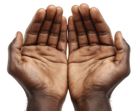 Two dark brown hands, palms up, in a prayerful or supplicating pose