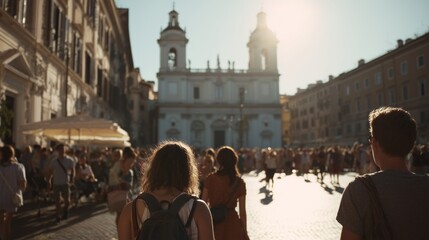 Obraz premium The woman with a backpack walks towards the cathedral as sunlight highlights the woman and her path. Men and women gather near the cathedral, enjoying the lively atmosphere.