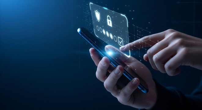 Closeup of a hand holding a smartphone and touching a holographic screen displaying a lock icon and password field, symbolizing mobile security and authentication