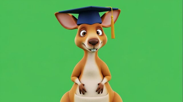 Cartoon Kangaroo Graduation - A friendly cartoon kangaroo wearing a graduation cap stands against a vibrant green screen background.