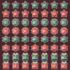 A collection of Christmas sale tags in festive star and gift box shapes. The tags feature discount percentages in traditional red and green, perfect for holiday retail and ecommerce promotions.