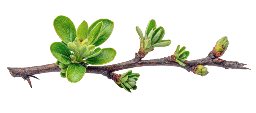 A branch with new spring growth.  Emerging green leaves and buds on a twig