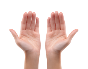 Two hands, palms up, raised in the air against a black background