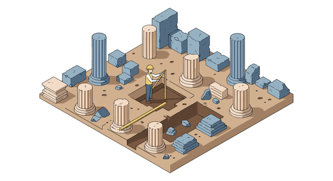 Archaeologist exploring ancient ruins in isometric style