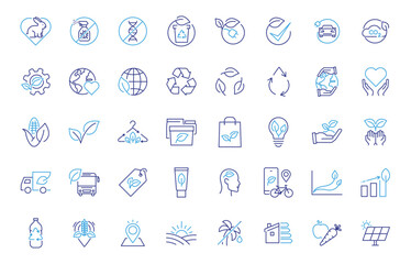 Eco labels and sustainable products icon set. Thin line editable stroke icons for organic certification, recyclable materials, zero waste, vegan, cosmetics, green energy, and eco-friendly lifestyle.