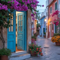 Fototapeta premium Vibrant blue doors open to a charming Mediterranean street with flowers