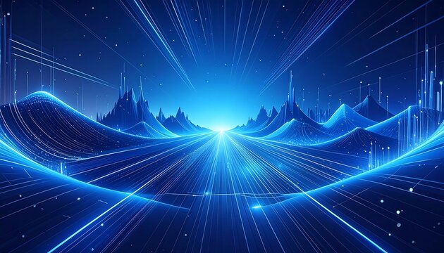 Abstract Blue Light Trails and Digital Landscape.