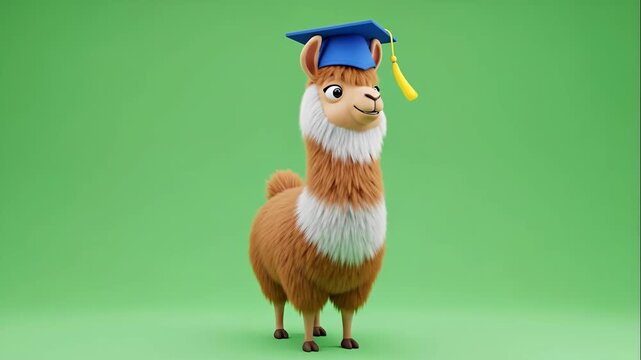Cartoon Llama Graduate on Green Screen - A cute cartoon llama wearing a graduation cap stands on a green screen background. The llama is brown and white, smiling and looking forward.