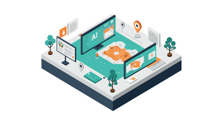 Isometric ai development in high-tech digital workspace