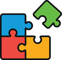 Three connected puzzle pieces with a fourth piece being placed, colorful flat icon vector illustration