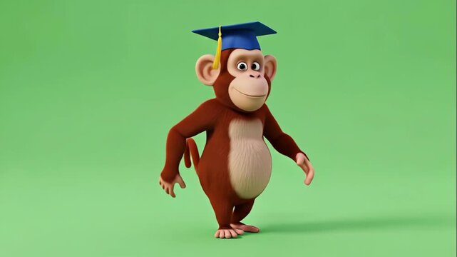 Cartoon Monkey Graduate on Green Screen - A full-body shot of a cartoon monkey wearing a blue graduation cap, set against a vibrant green chroma key background.