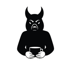 Black silhouette creature with horns holding coffee cup