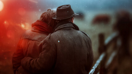 A serene moment between two individuals, standing together as snow gently falls, creating an atmosphere of warmth and togetherness.