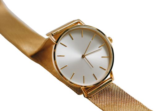 Close-up of a gold-toned wristwatch with a beige band.  The watch face is white with gold hands and markers.  Clean lines and minimalist design
