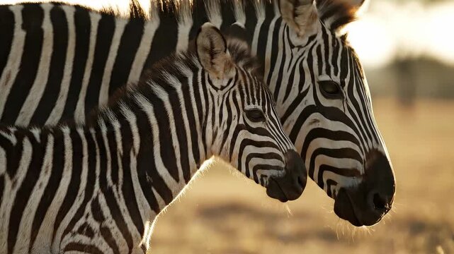 Two zebras looking peacefully in the golden sunlight