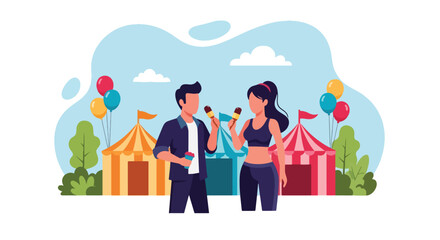A joyful flat vector of romantic couple sharing ice cream at lively summer fair with colorful balloons, symbolizing happiness and love