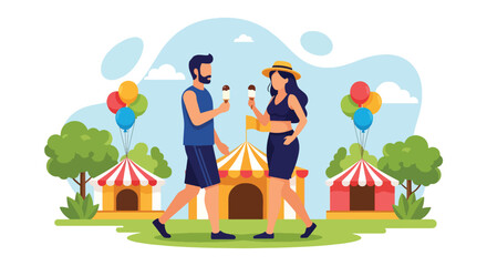 A joyful flat vector of romantic couple sharing ice cream at lively summer fair with colorful balloons, symbolizing happiness and love